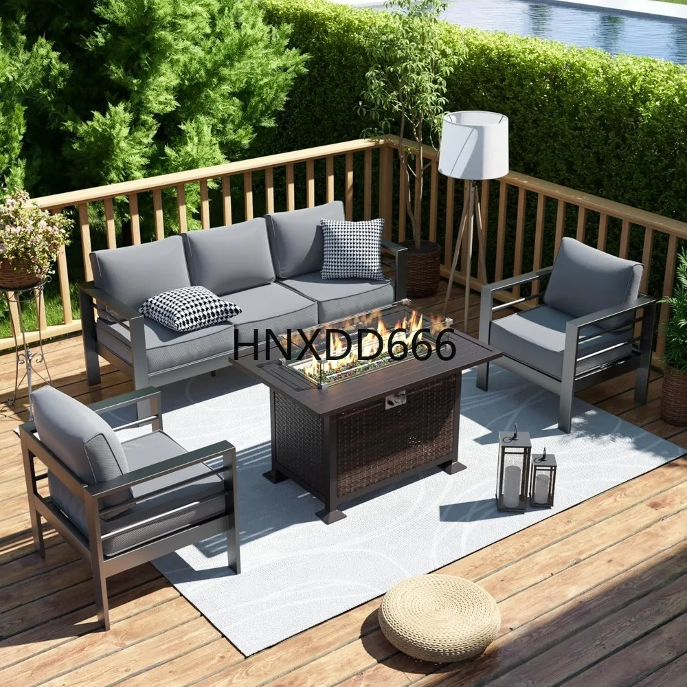 Outdoor Furniture Set With Fire Pit - ファイヤーピットテーブル付きパティオ家具セット、6点セットアルミ製屋外用セクショナルメタルモダンパティオソファセット