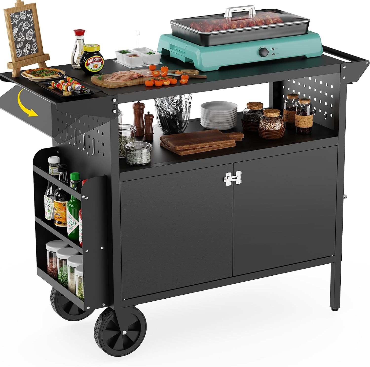 Outdoor Furniture European - 屋外グリルカートテーブル、収納付きキッチンアイランド、ホイール付き折りたたみ式テーブルトップ、バーベキュー用食品準備ステーション、頑丈な金属グリドルカウンタートップ、パティオやキャンプ用
