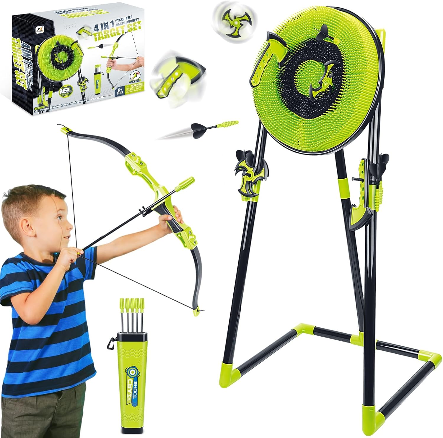 Outdoor Furniture Target - 裏庭の子供、大人向けの4 in 1斧投げターゲットセット、剛毛ターゲット、弓と矢5本、投げ斧3本、忍者星3本が含まれます