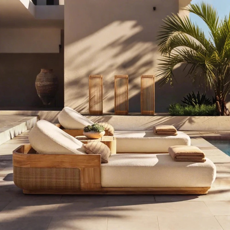 Outdoor Furniture Teak - サンビーチラウンジチェア＆デイベッドセット、チーク材ラタン製ラウンジャー家具セット（プールサイド、パティオ、庭園、ビーチガーデン用）