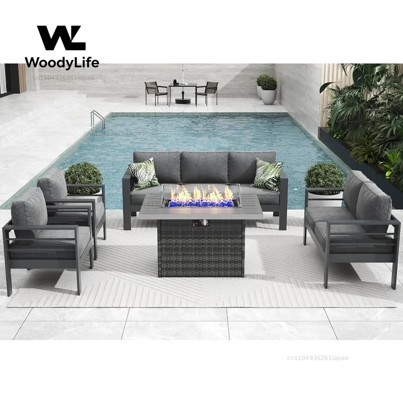 Outdoor Furniture Set With Fire Pit - L5ピース モダンアルミ製パティオ家具セット、ファイヤーピットテーブル付き、屋外会話用セット、メタルセクショナルソファ