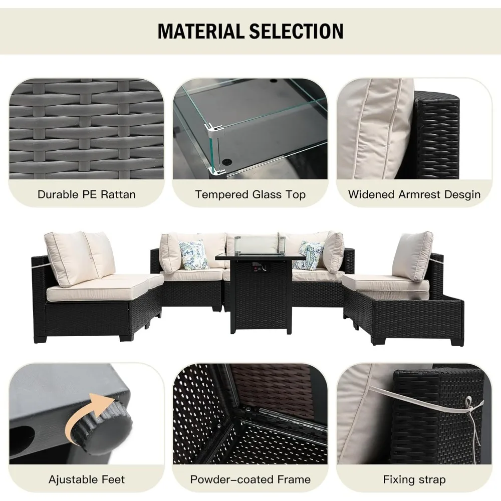 Outdoor Furniture Set With Fire Pit - 8ピースパティオ家具ラタンウィッカー屋外セクショナルソファ、28インチガスファイヤーピットセットとクッション付き