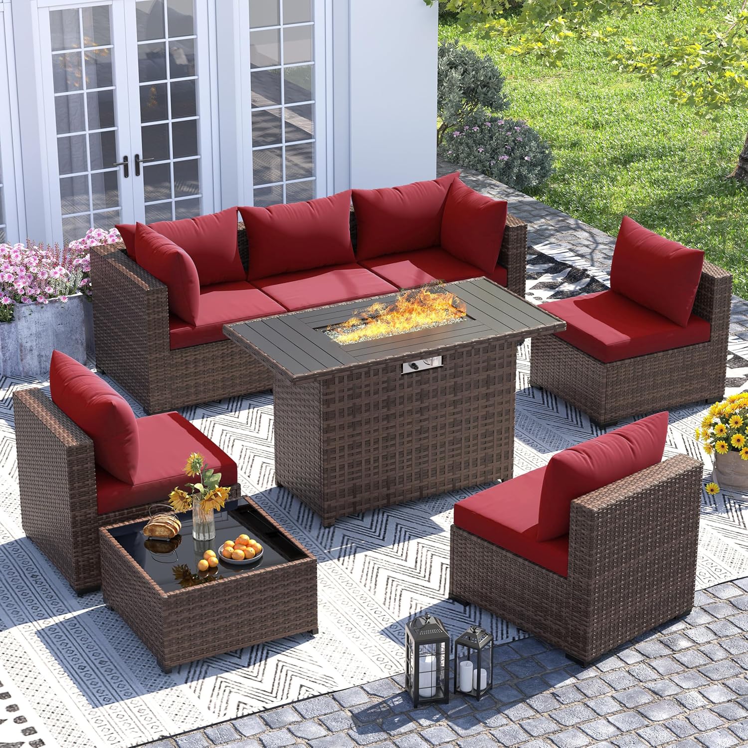 Outdoor Furniture Set With Fire Pit - 8ピース全天候型ウィッカーセクショナルソファ＆ファイヤーピットテーブルセット、屋外パティオガーデン裏庭用、カスタマイズ可能