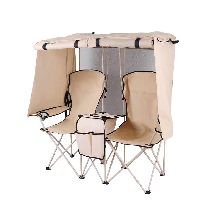 Outdoor Furniture Plus - 屋外折りたたみ式ダブルオックスフォードサンシェードチェア、キャンプ、釣り、ビーチ用ポータブルメタルキャンプチェア（キャノピー付き）