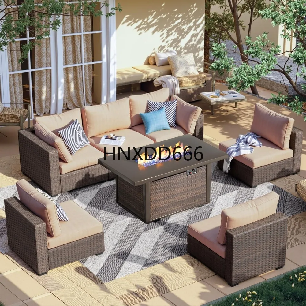 Outdoor Furniture Set With Fire Pit - 7点セットのパティオ家具セット、ファイヤーピットテーブル付き、屋外用セクショナル会話ソファセット、コーヒーテーブル付き