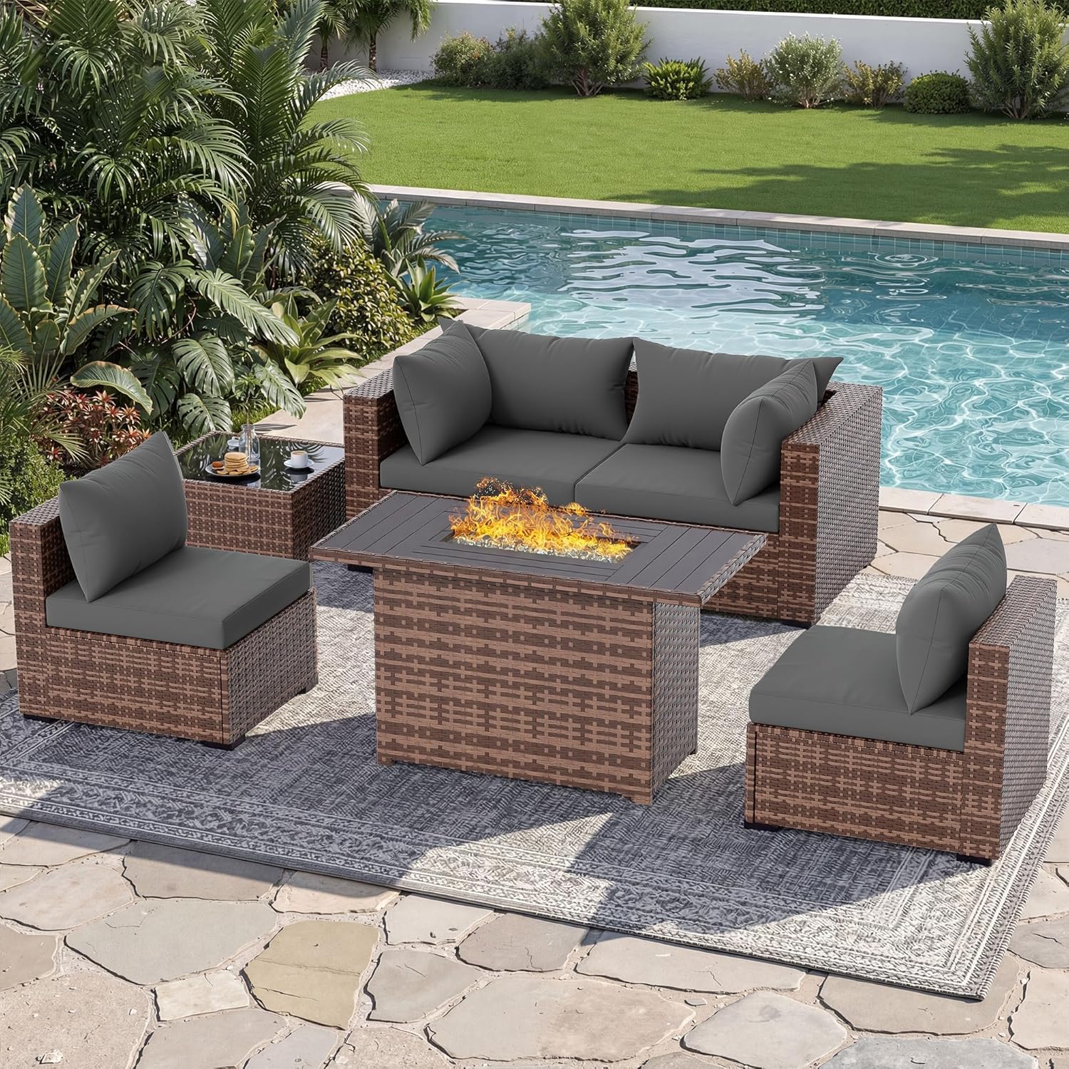 Outdoor Furniture Set With Fire Pit - 5ピース屋外用セクショナルソファセット、ファイヤーピットテーブル付き、全天候型ウィッカーパティオ会話用家具、庭、裏庭用、グレー