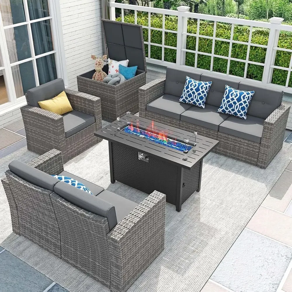 Outdoor Furniture Set With Fire Pit - 8点セットのパティオ家具、45インチのファイヤーピットテーブル、50,000 BTUガスファイヤーピット付き屋外用座席、ラタン製セクショナルソファセット