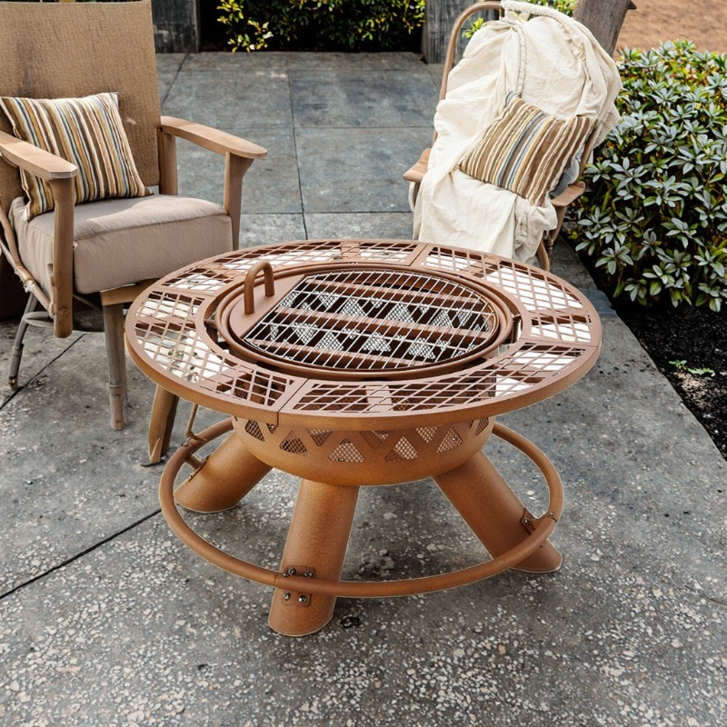 Outdoor Furniture Set With Fire Pit - 2026年式 モダン屋外スチール製 炭火・電気両用ファイヤーピット＆ヒーター付きバーベキューグリルセット ポータブルパウダーコーティングファイヤーテーブル アウトドアガーデン用