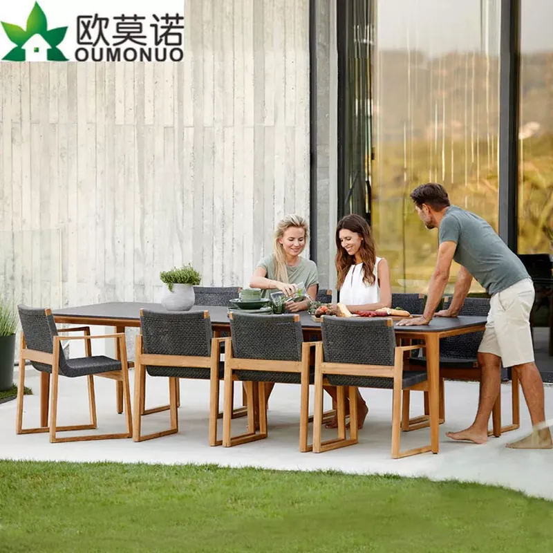 Outdoor Furniture Teak - 屋外ラタンチークダイニングセット 1テーブル6脚 抗菌木材 ガーデンパティオヴィラ中庭家具セット