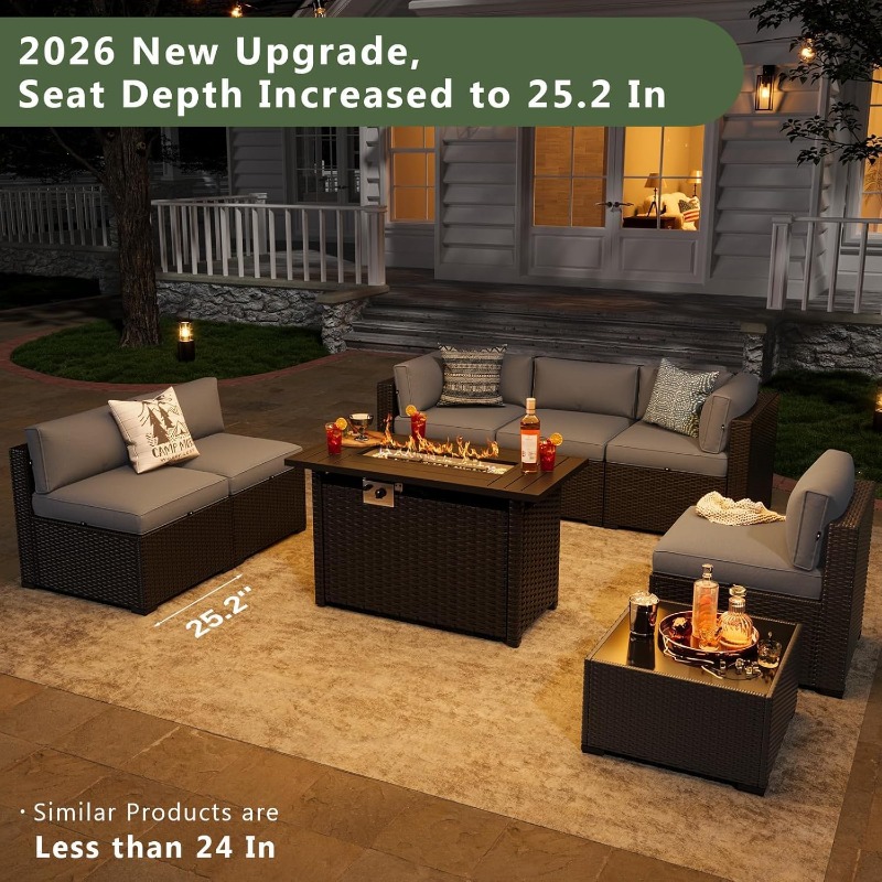 Outdoor Furniture Set With Fire Pit - Aoxun 8点パティオ家具セット（44インチのファイヤーピットテーブル、籐製パティオセクショナルソファ、屋外家具セットを含む）