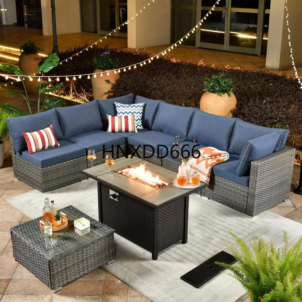 Outdoor Furniture Set With Fire Pit - 屋外用8点パティオ家具セット（ファイヤーピットテーブル、会話用セクショナルウィッカーカウチ、コーヒーテーブル付き）