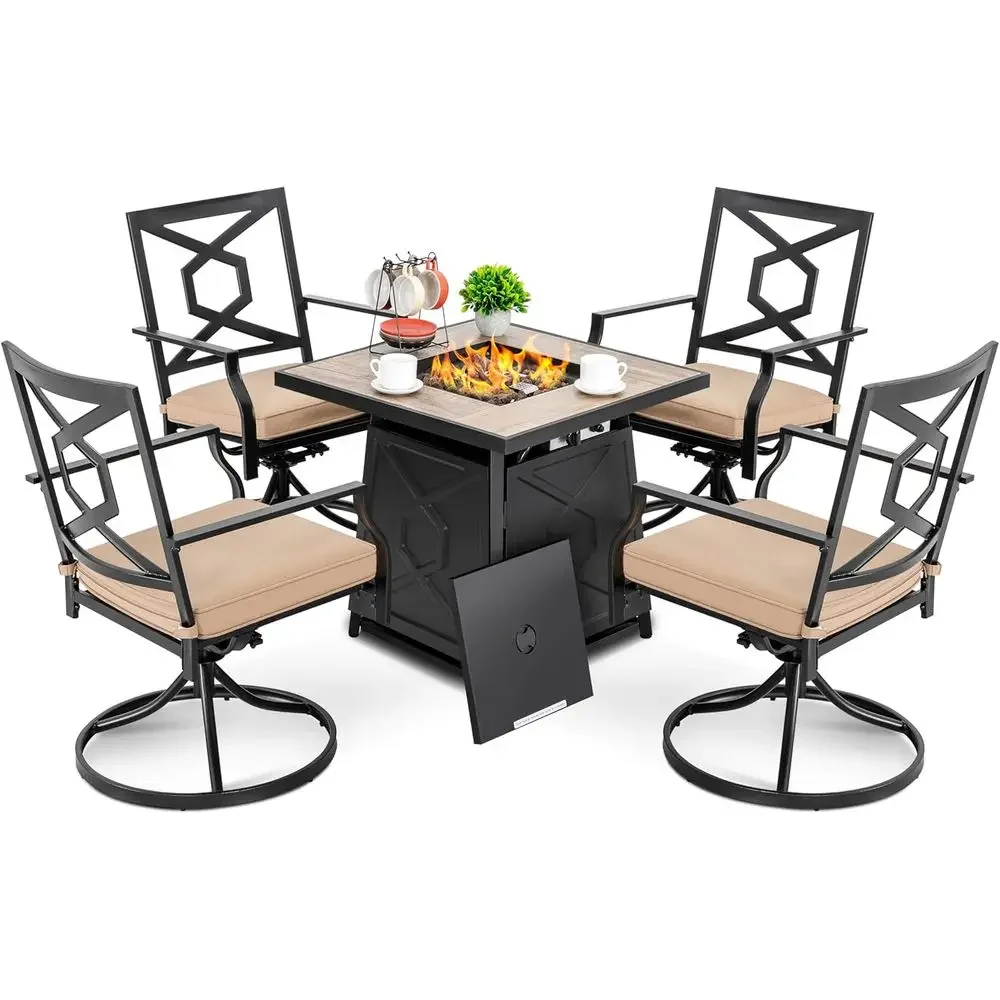 Outdoor Furniture Set With Fire Pit - 5点セットの屋外パティオ家具セット、ファイヤーピットテーブル、28プロパンガスファイヤーピット、カバー、クッション付き回転式ダイニングチェア4脚、B