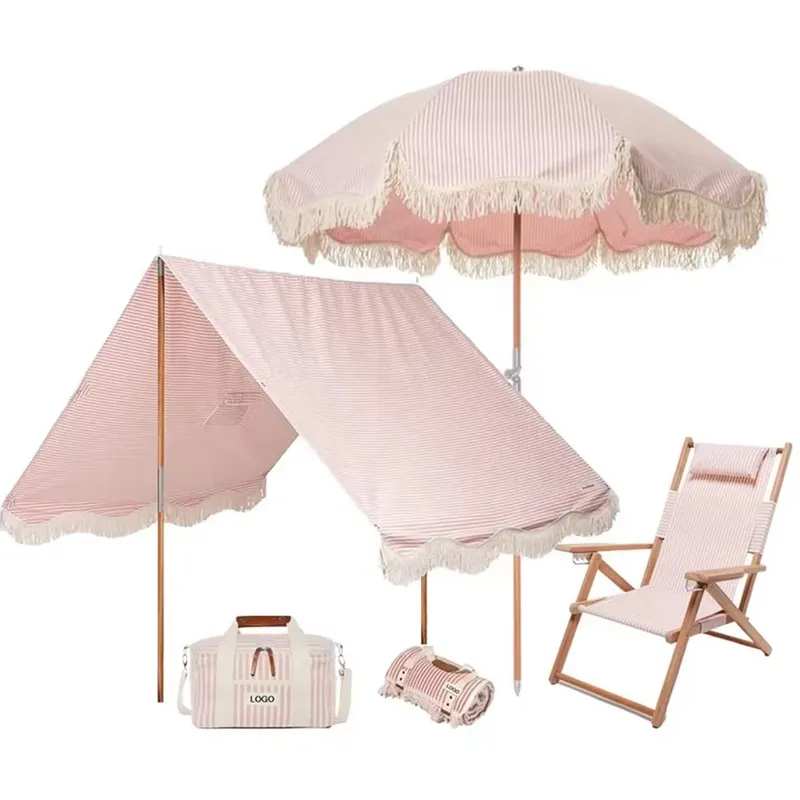 Outdoor Furniture Plus - カスタムコットンキャンバスビーチパラソル（フリンジ付き、UV50+日焼け防止シェードセット、マッチングチェア、屋外パティオ家具）