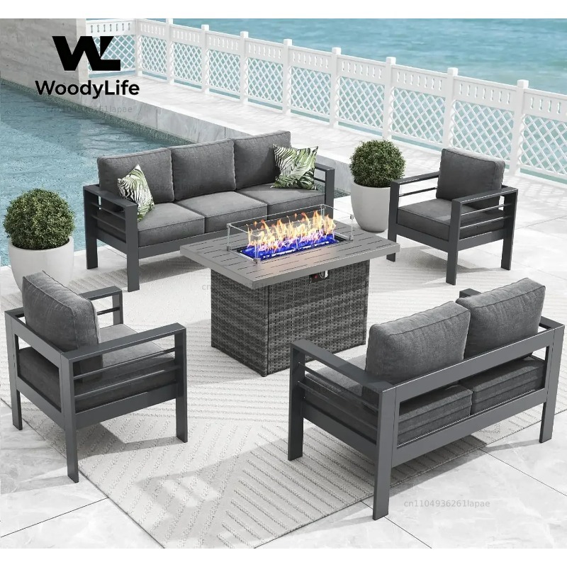 L5ピース モダンアルミ製パティオ家具セット、ファイヤーピッ - Outdoor Furniture Set With Fire Pit のレビューと価格