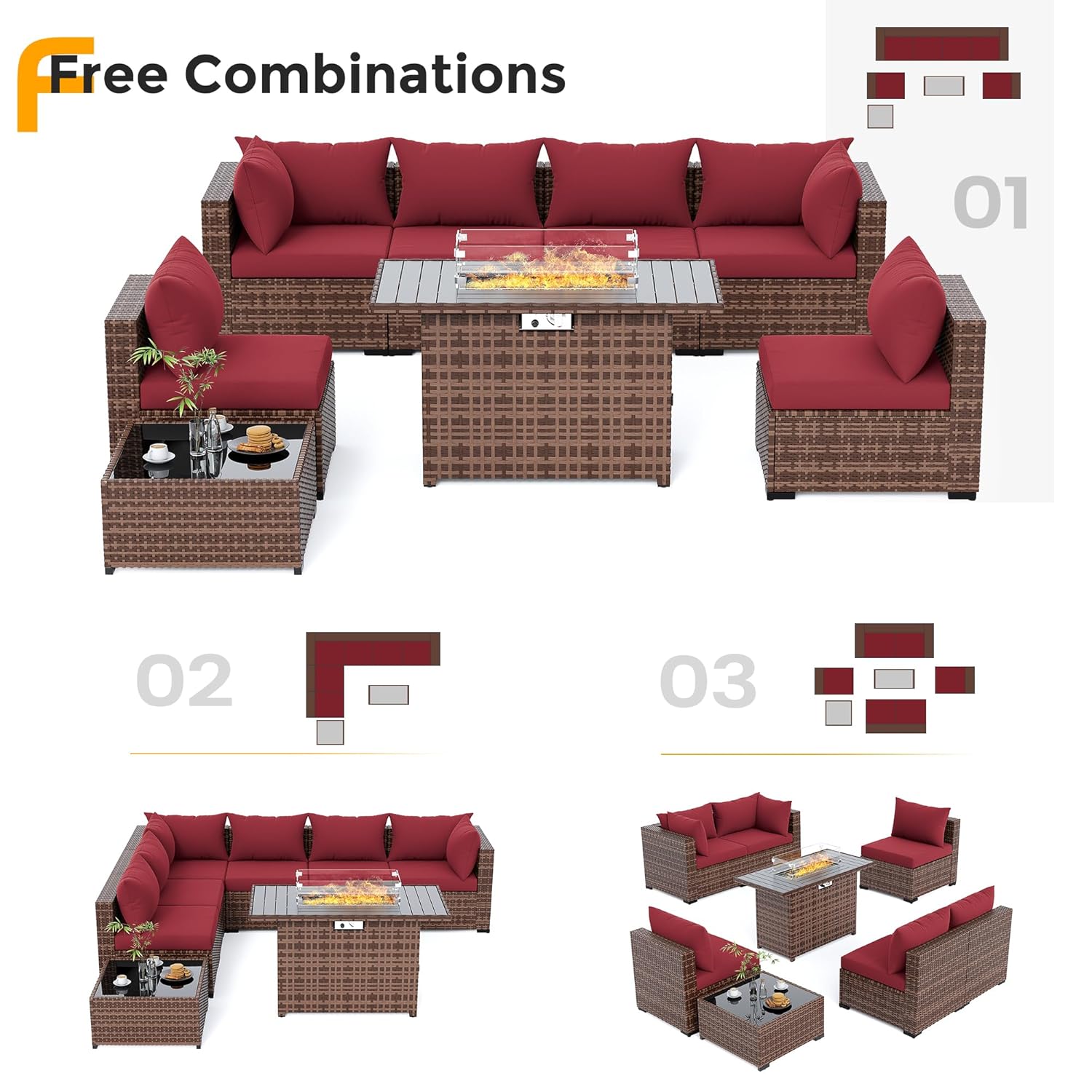 8ピース全天候型ウィッカーセクショナルソファ＆ファイヤーピッ - Outdoor Furniture Set With Fire Pit のレビューと価格