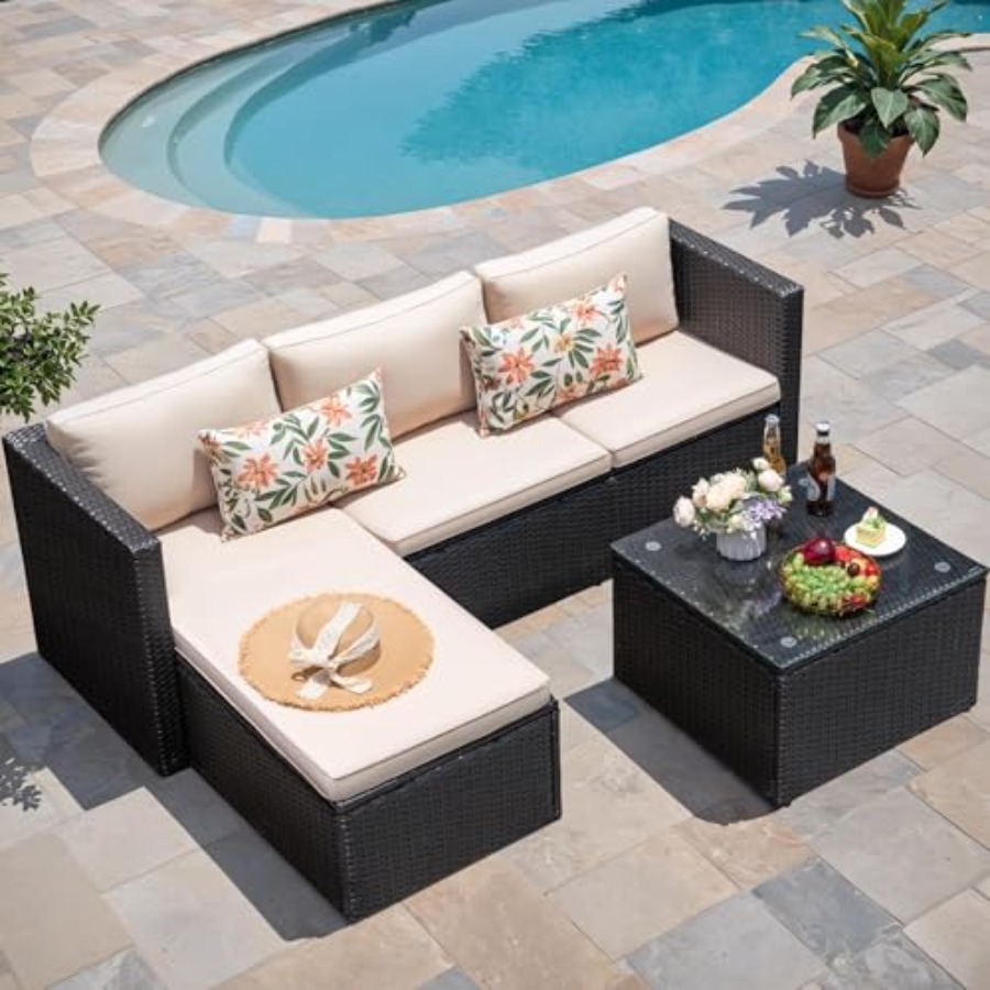 屋外パティオ家具セット：ベージュの籐製ラタン製セクショナルソ - Outdoor Furniture Plus のレビューと価格