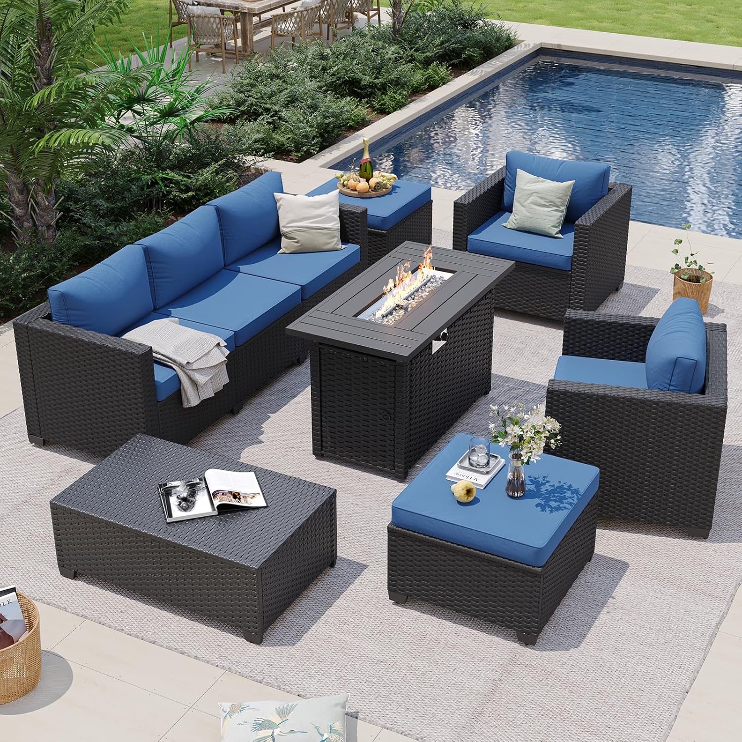 ネイビーブルーの屋外用セクショナルソファ（ファイヤーピットテ - Outdoor Furniture Set With Fire Pit のレビューと価格