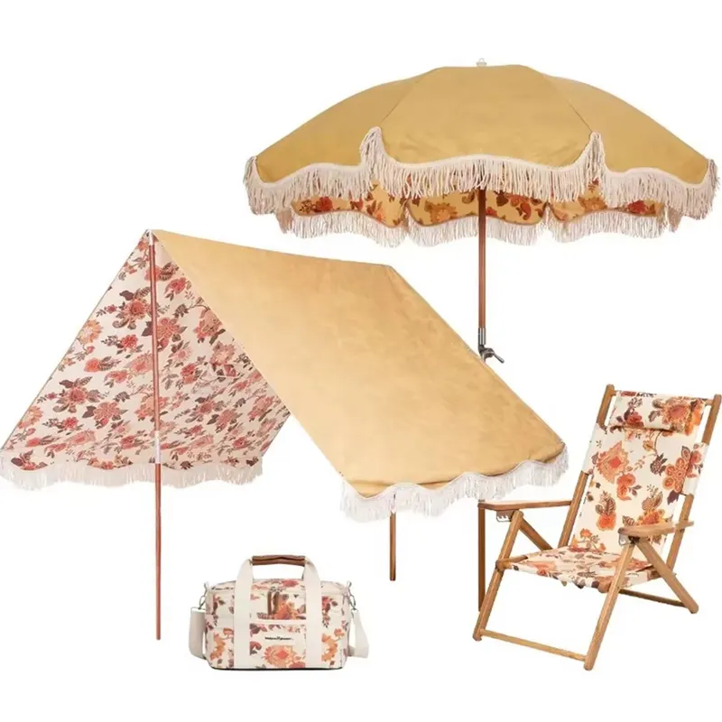 カスタムコットンキャンバスビーチパラソル（フリンジ付き、UV - Outdoor Furniture Plus のレビューと価格